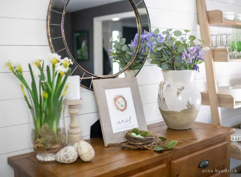Spring vignette with purple flowers and free nest watercolor printable.