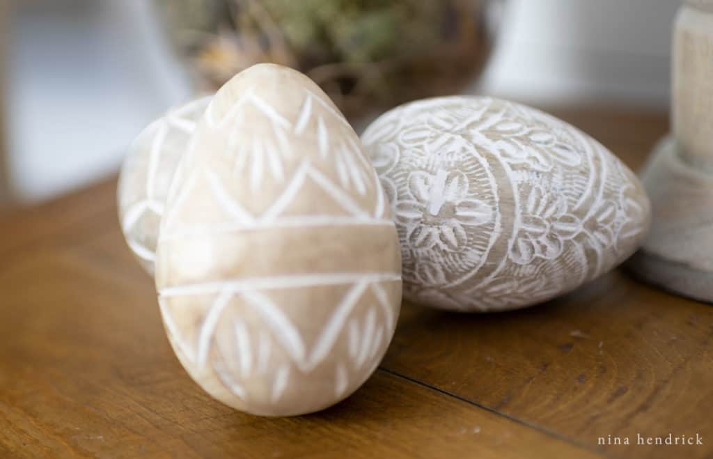 Carved eggs from a Spring vignette with a Free Nest Watercolor Printable.