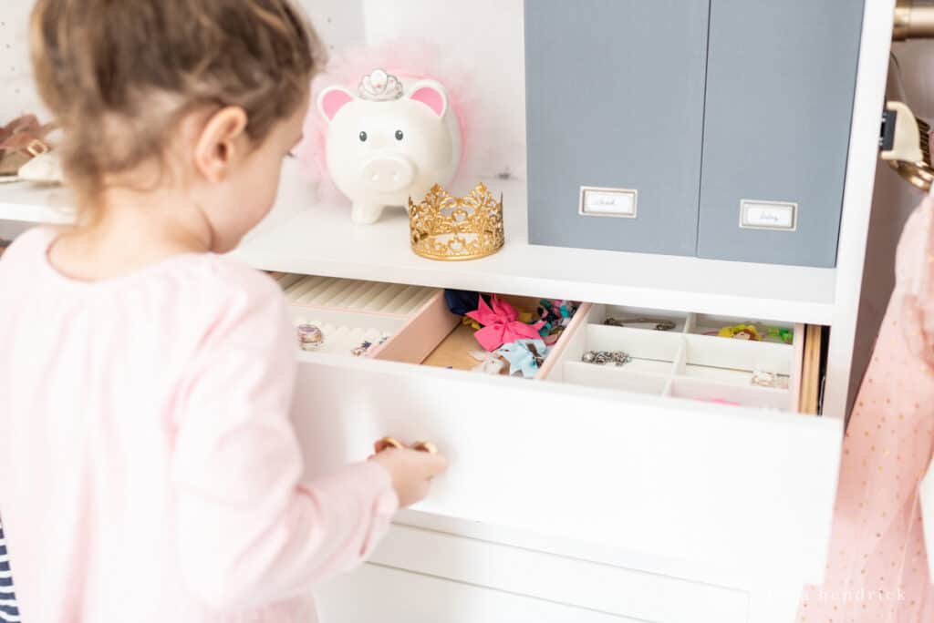 organized girl closet with jewelry organizers