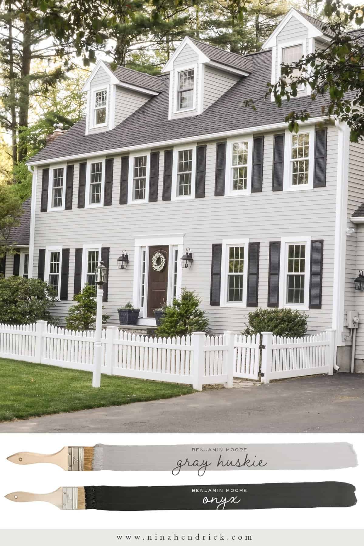 Exterior Neutral Paint Color Scheme with Benjamin Moore Gray Huskie siding and Onyx Shutters