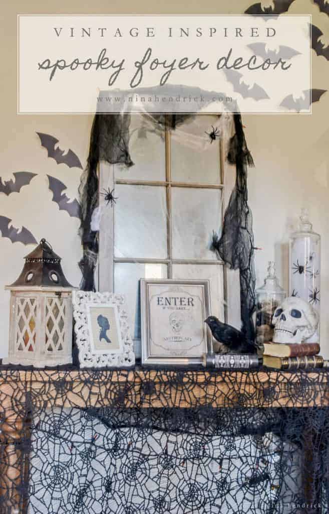 Get creepy crawly decorating inspiration from this vintage-inspired spooky Halloween foyer decor.