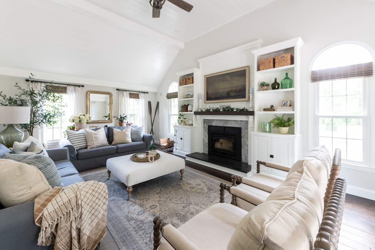 Narrow living room with furniture arranged conversation style