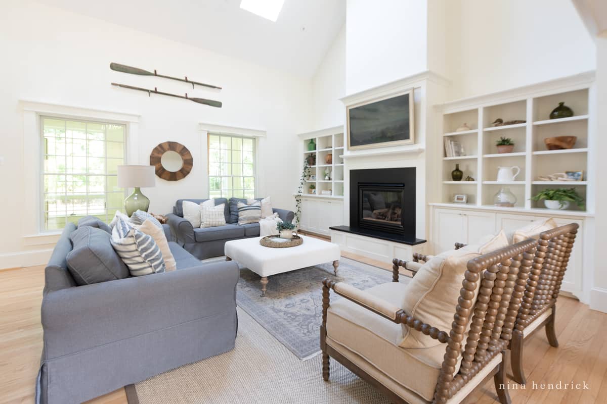 Open concept living room with built-ins