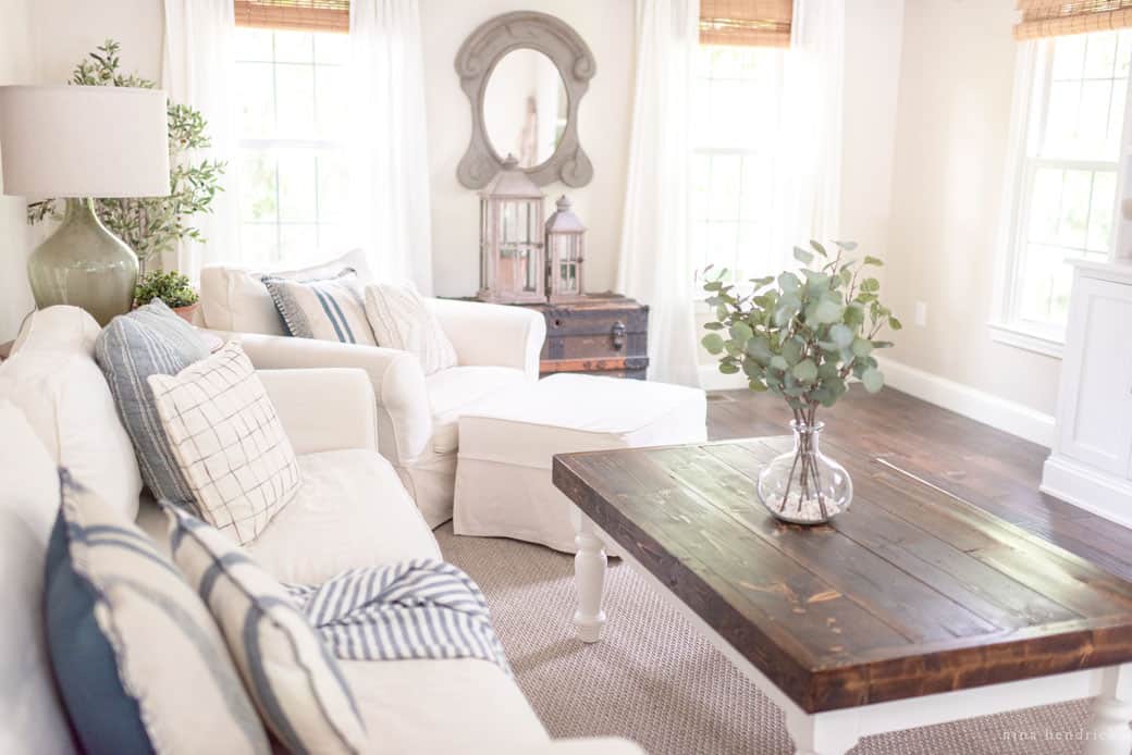 Neutral living room with a wooden coffee table