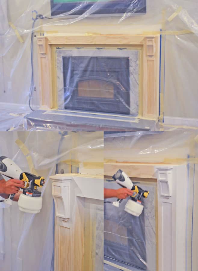 Spraying a wood fireplace surround white with a paint sprayer