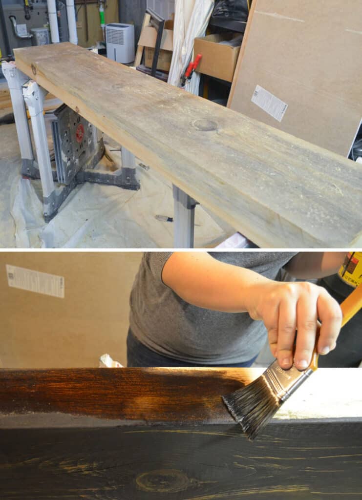 Collage for a DIY rustic solid pine mantel being stained Dark Walnut