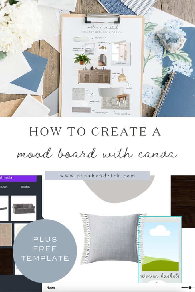 Pin showing primary bathroom mood board with screenshot of canva tutorial.