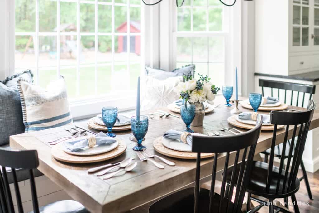 Simple blue everyday tablescape with white flowers