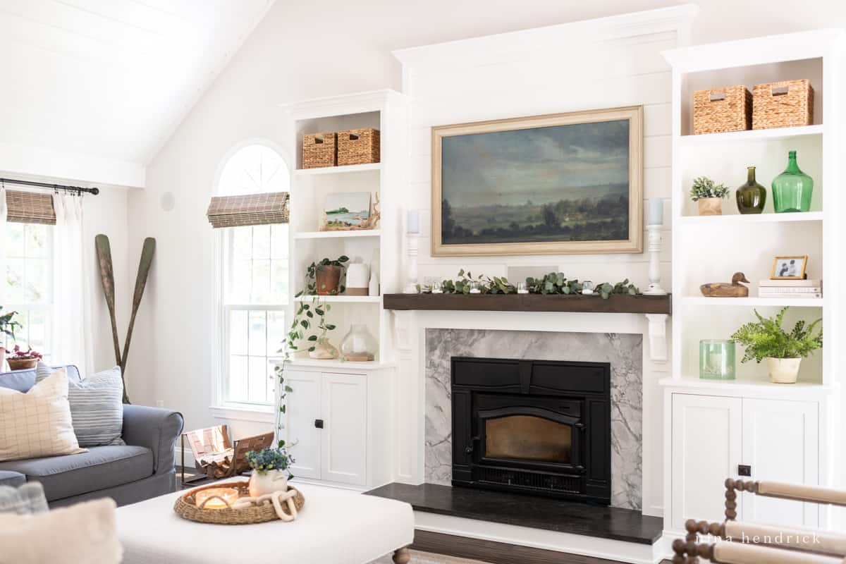 Living room with white built-ins and slipcovered sofas