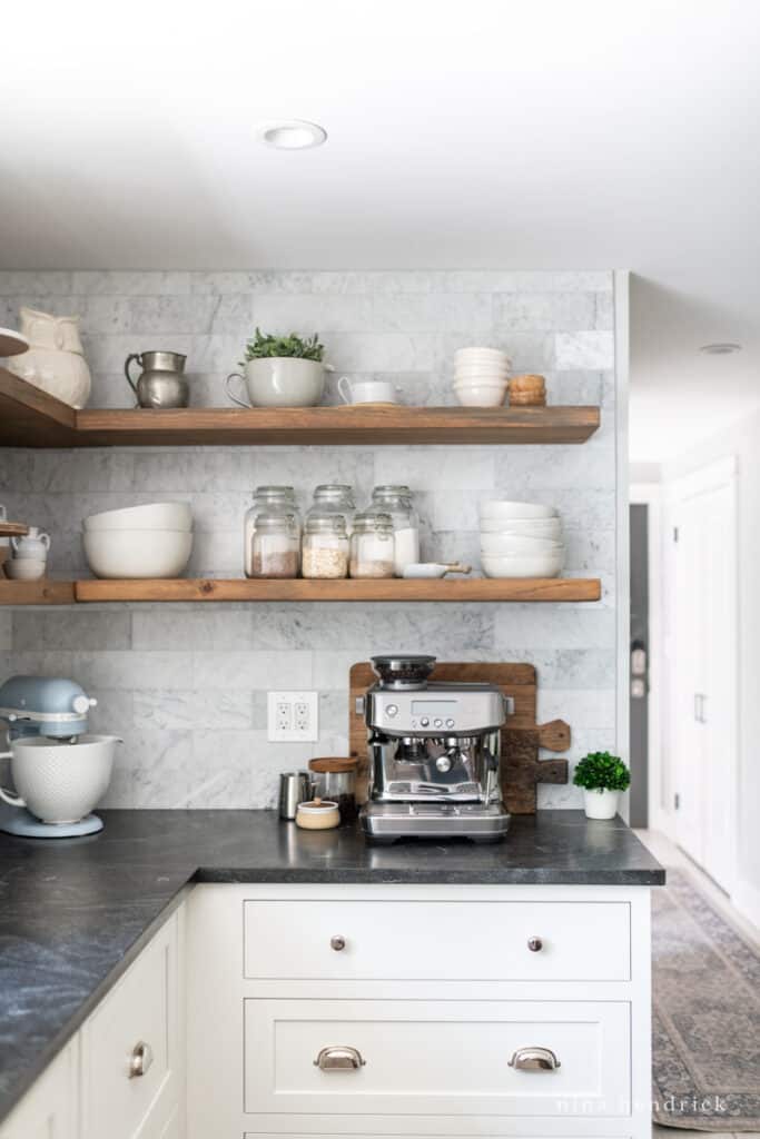 Kitchen shelves and espresso machine