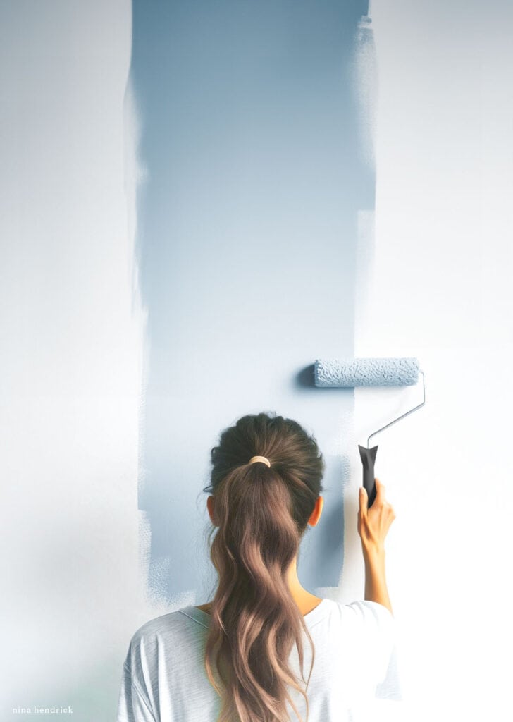 A woman using a paint roller to paint a wall, demonstrating how to paint a room.