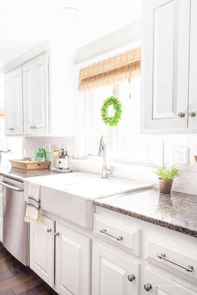 White kitchen with IKEA Domsjo Farmhouse Sink (now discontinued)