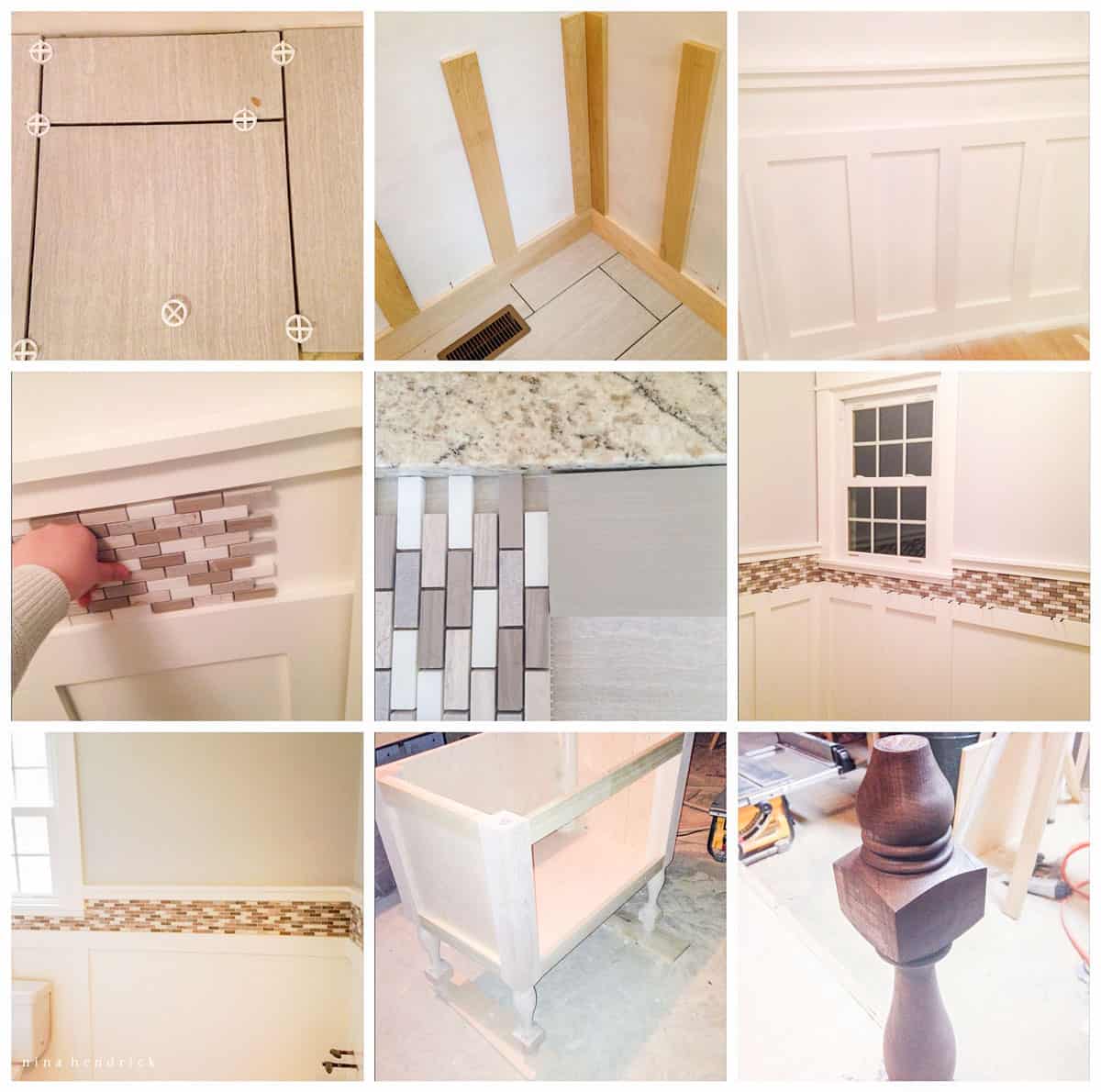 Collage of a powder room makeover with tile and carpentry.