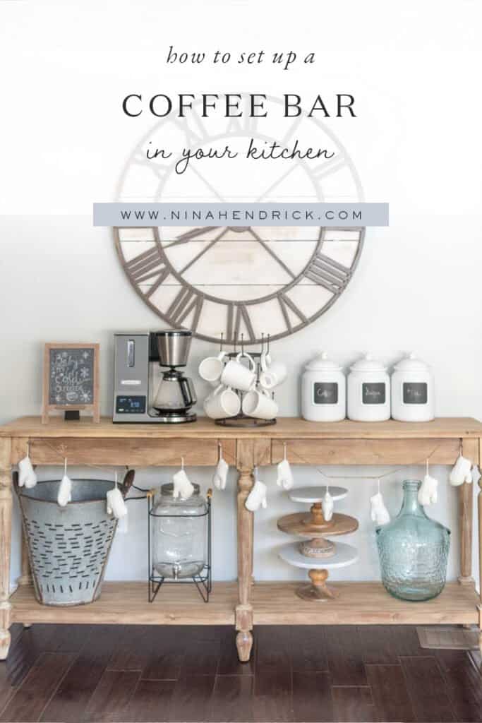 Graphic with coffee maker and mugs with text "How to Set Up a Coffee Bar in Your Kitchen"
