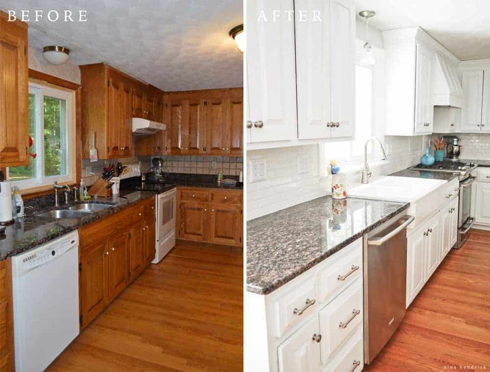 DIY painted kitchen cabinets transformed from dated orange oak to bright and smooth.