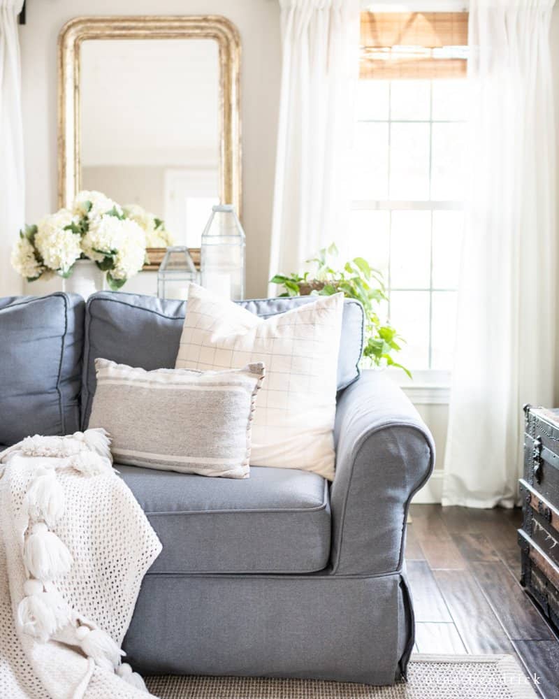 Sofa with pillows styled and plants in living room