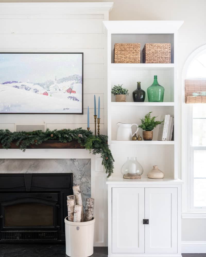 Knowing your decorating style versus what you like | winter decor on built-in shelves