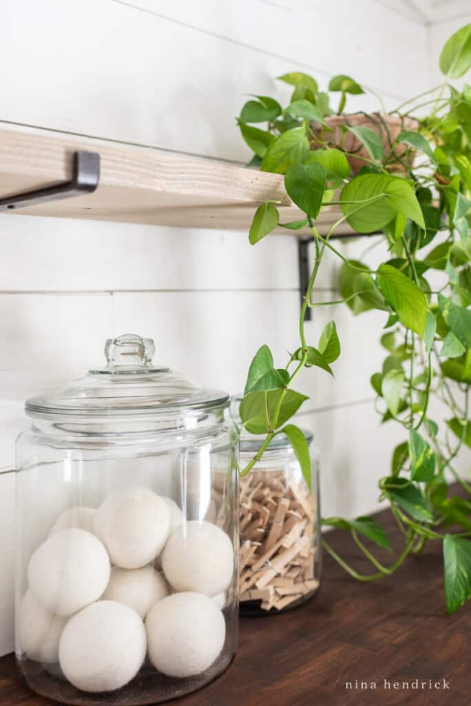 glass jars with laundry supplies like wool dryer balls and clothespins plus a trailing houseplant