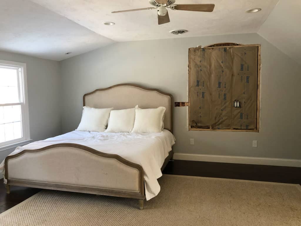 primary bedroom in progress: covering a poorly-placed Palladian window.