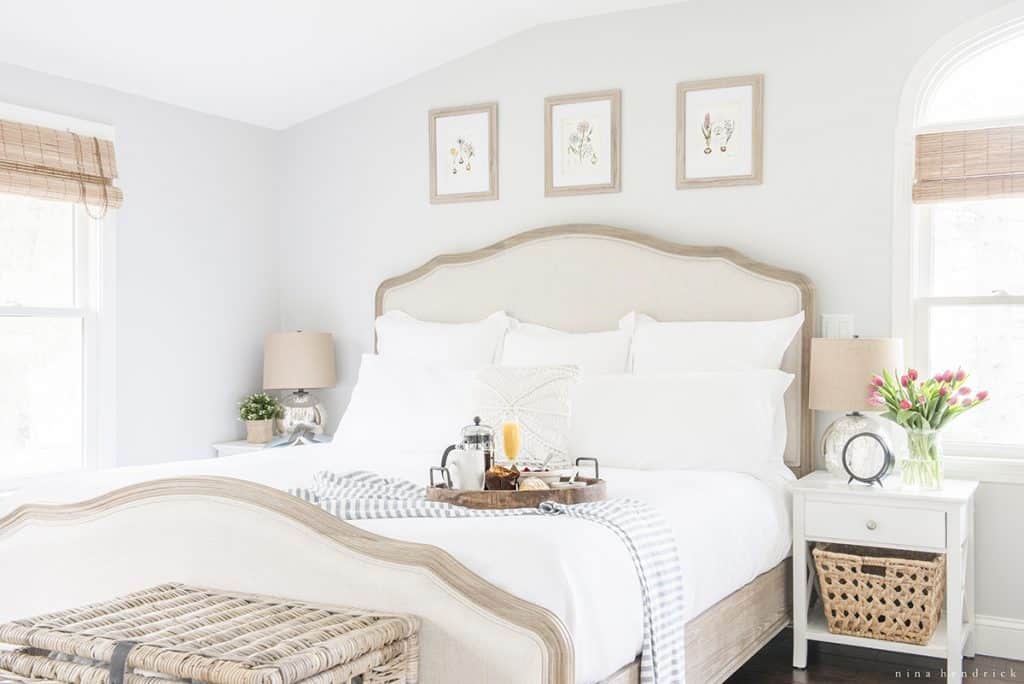 Primary bedroom with a breakfast tray for mom on Mother's Day for breakfast in bed inspiration.