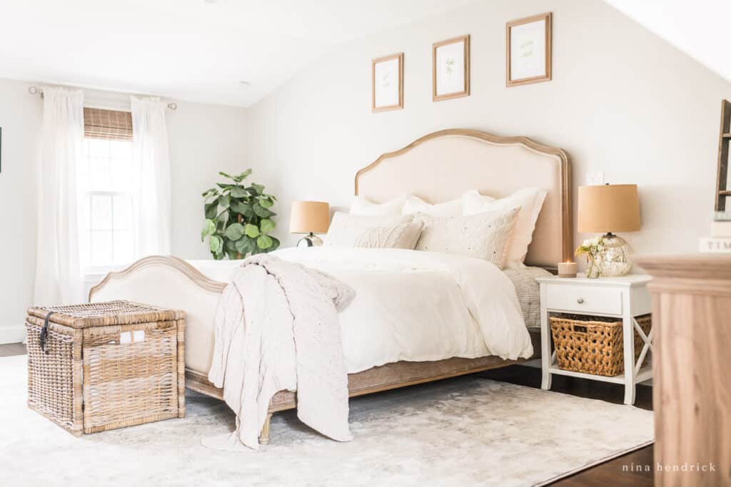 Morning routines start the night before | bedroom with white linens and wicker 