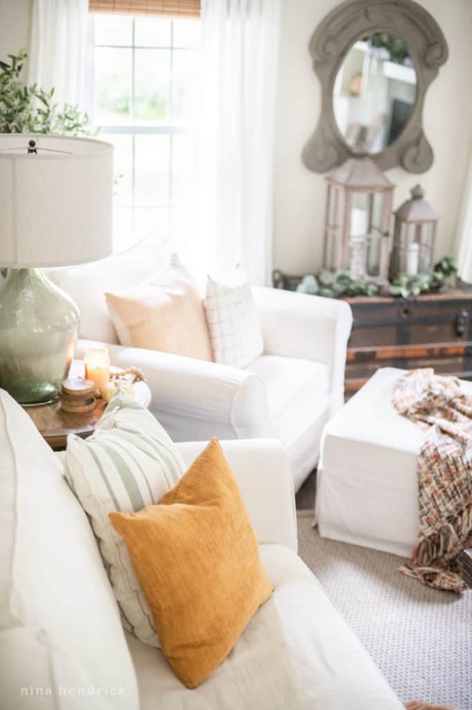 Muted Fall Family Room Decor soft textiles in faded fall colors