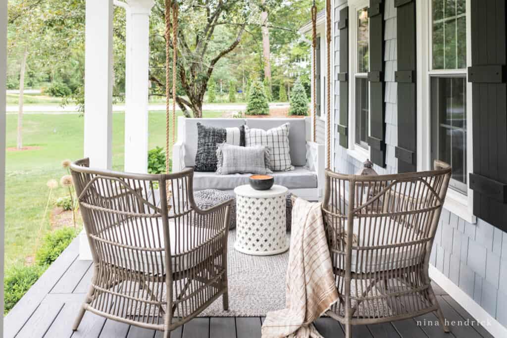 Outdoor seating area in decorated for summer