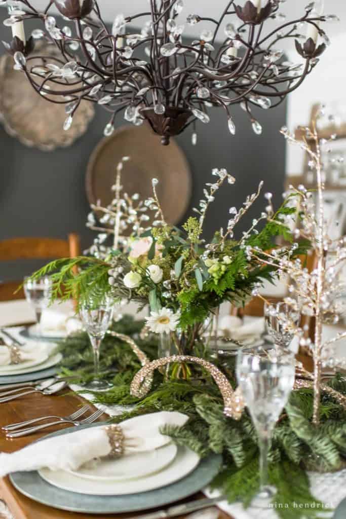 Glittering flower arrangement on a New Year's Eve Tablescape