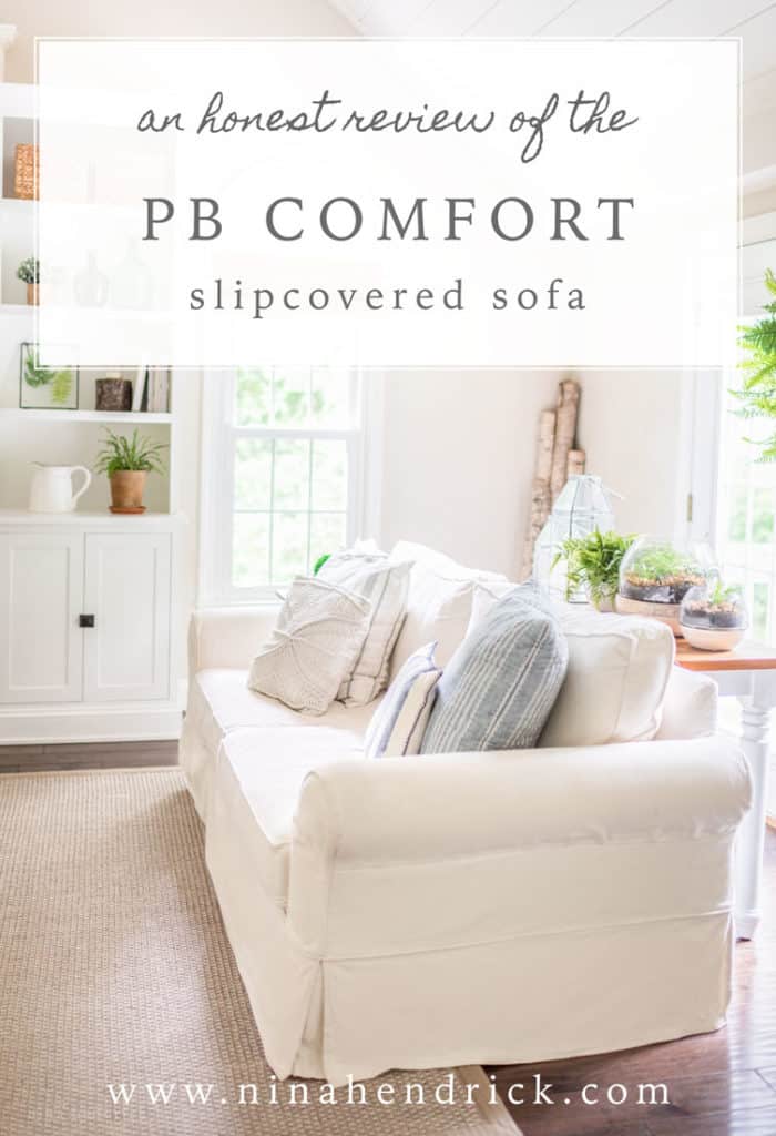 Photo of a white couch with text overlay "an honest review of  the PB Comfort slipcovered sofa"