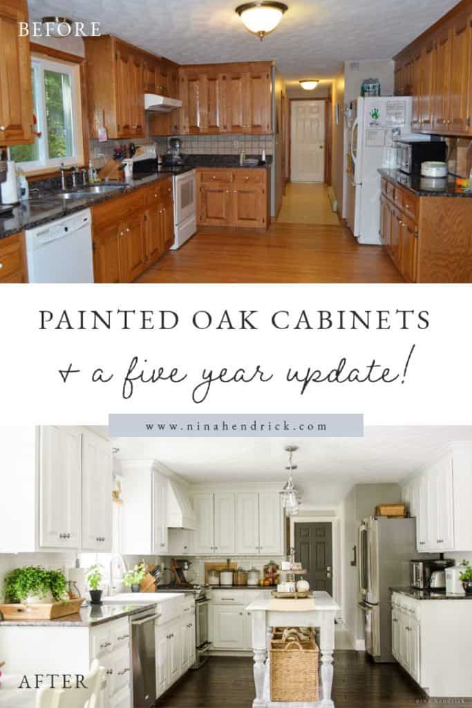 before and after of oak cabinets and a white painted kitchen