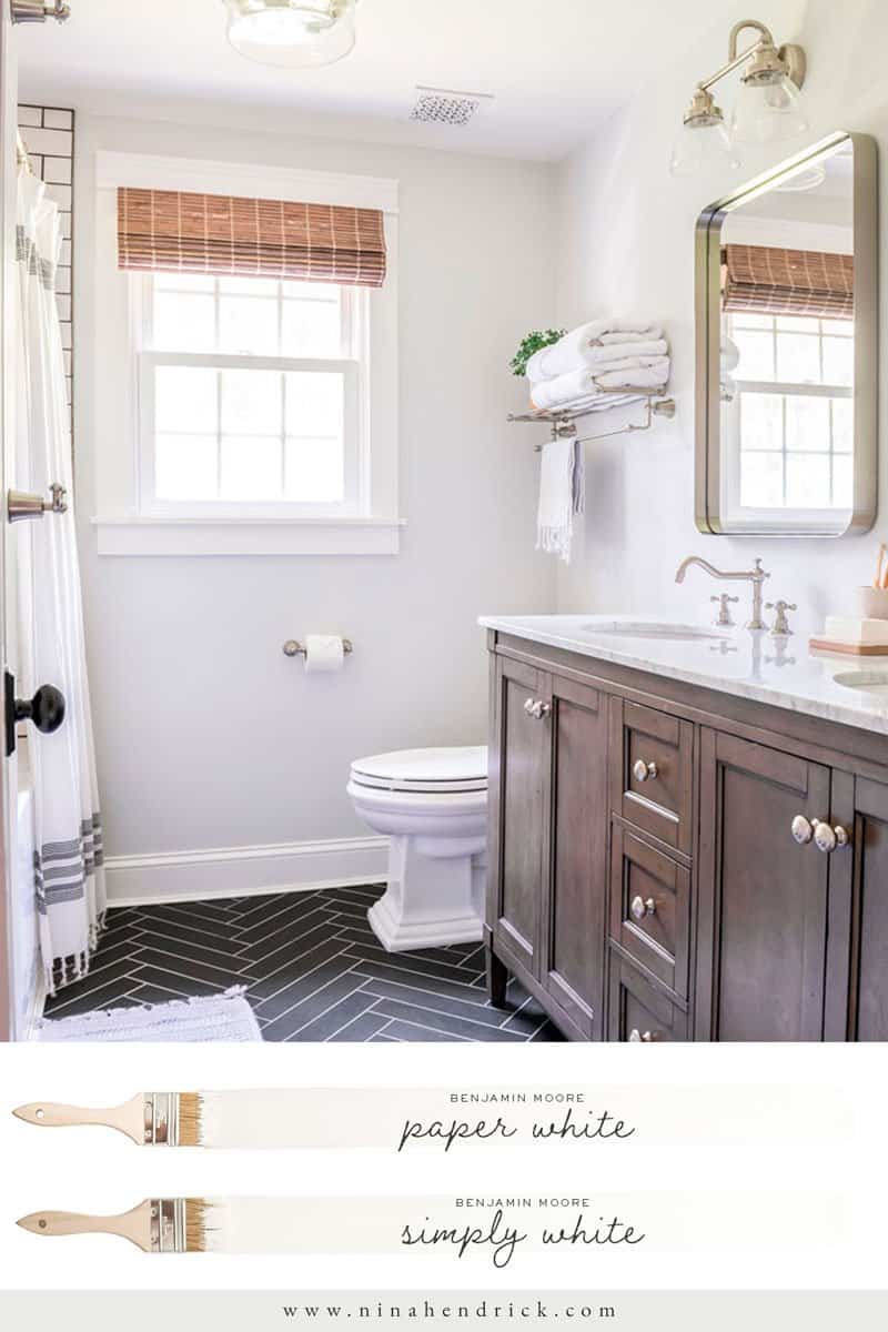 Neutral bathroom color scheme with Benjamin Moore Paper White and Simply White trim