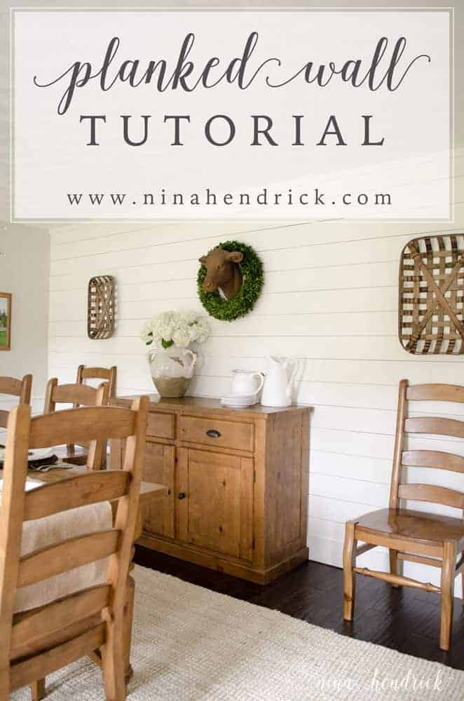 Pin image of completed shiplap wall in dining room with text overlay saying "Planked Wall Tutorial"