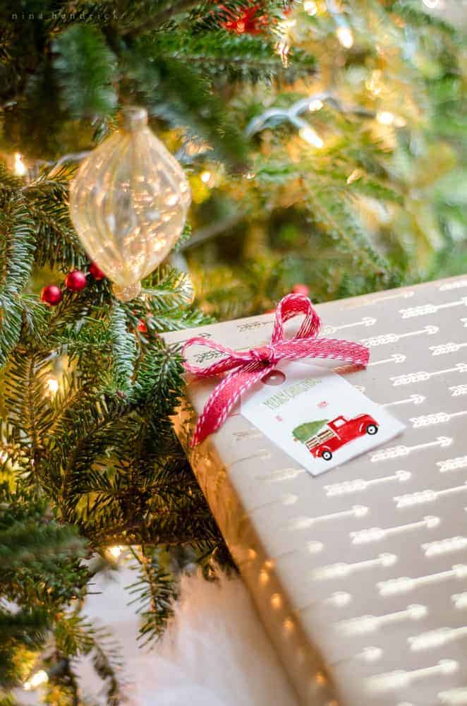 Gift under Christmas tree with Red Truck gift tag