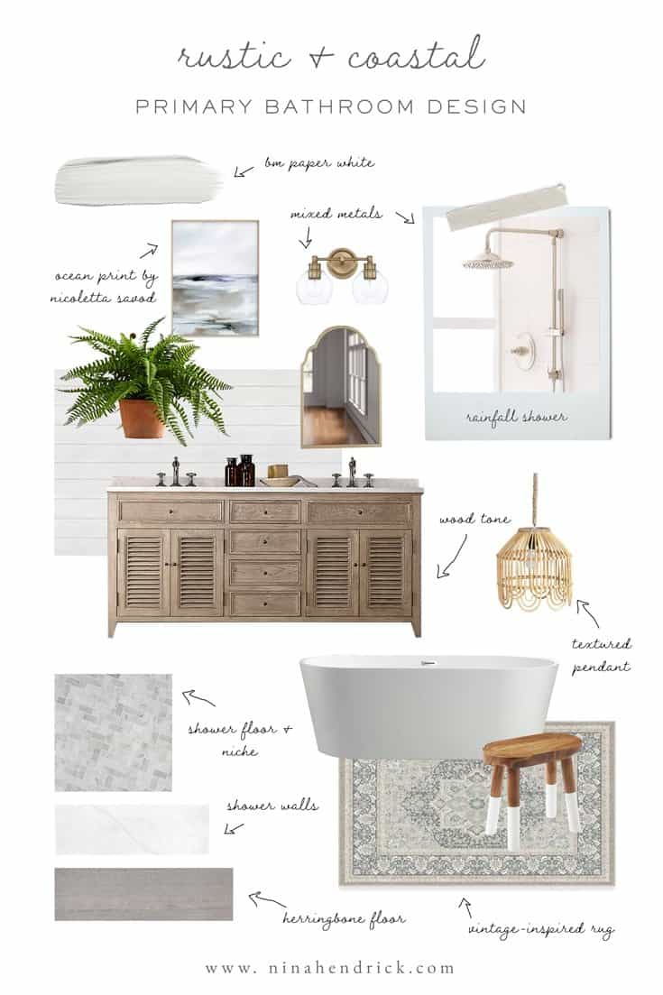 Rustic and coastal primary bathroom mood board