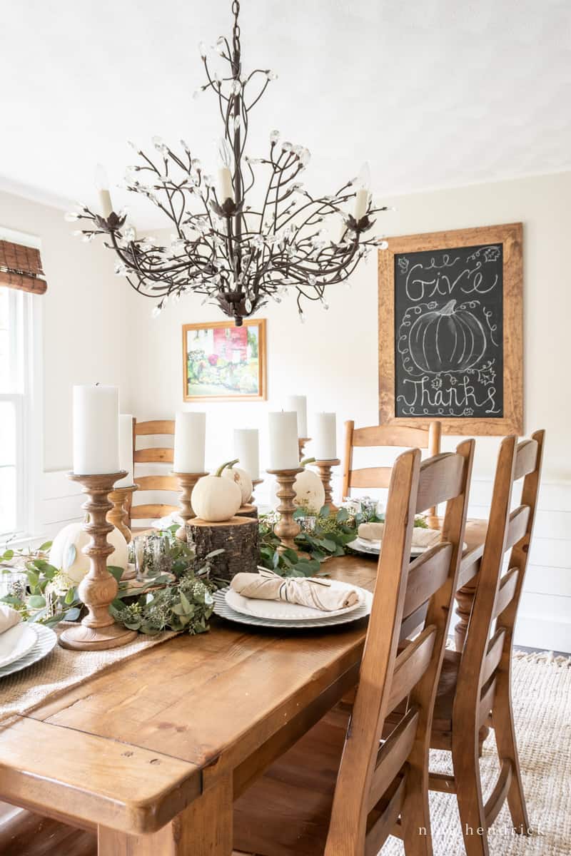 Edgecomb Gray Dining Room decorated for Thanksgiving with a warm pine table