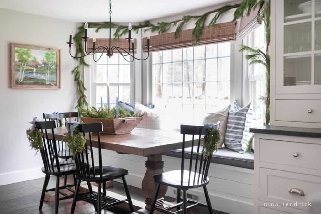 Dining area decorated for Christmas with hints of blue