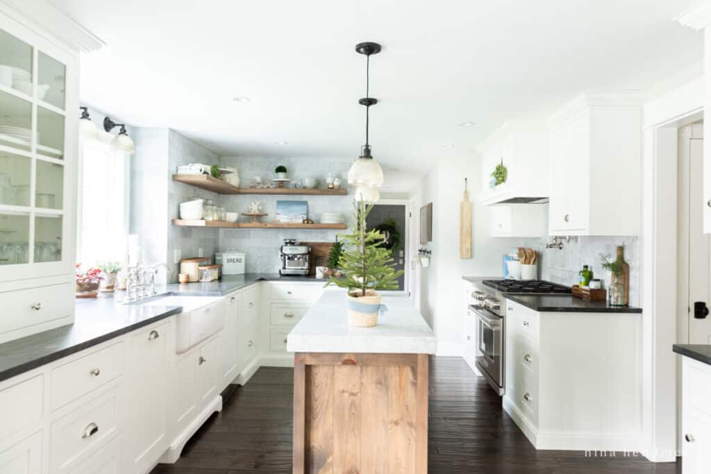 White kitchen with subtle holiday decor