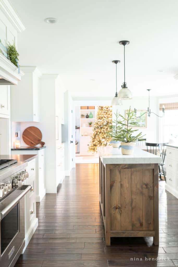 Simple Blue Christmas Kitchen Decor in the Kitchen with tree in the background | Nina Hendrick Home