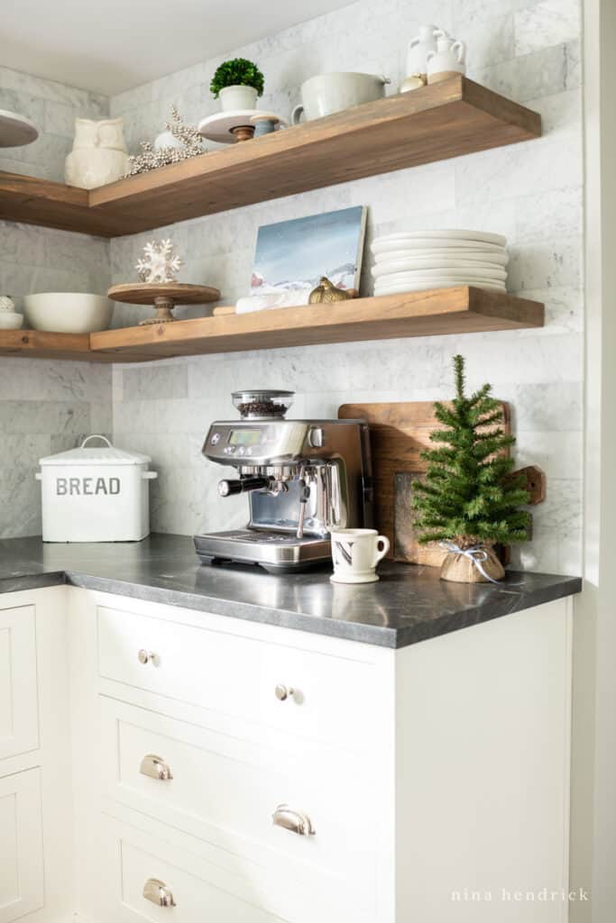 White cabinets and wooden shelves kitchen Christmas Decor | Nina Hendrick Home