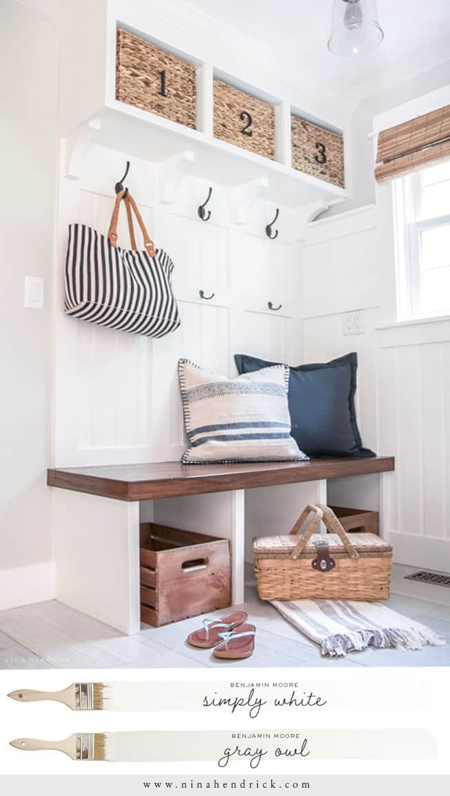 Benjamin Moore Simply White Mudroom with Built-In Bench