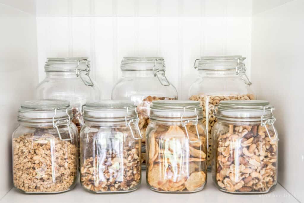 Glass jars with dry goods decanted into them