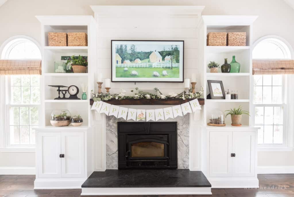 How to decorate a fireplace mantel for spring with a Happy Easter banner