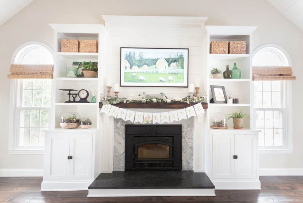 zoom out of fireplace with spring mantel decor