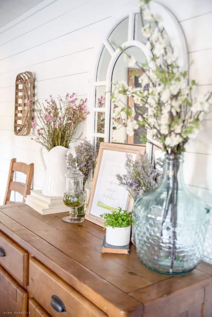 Spring Decorating Ideas for a dining room buffet.