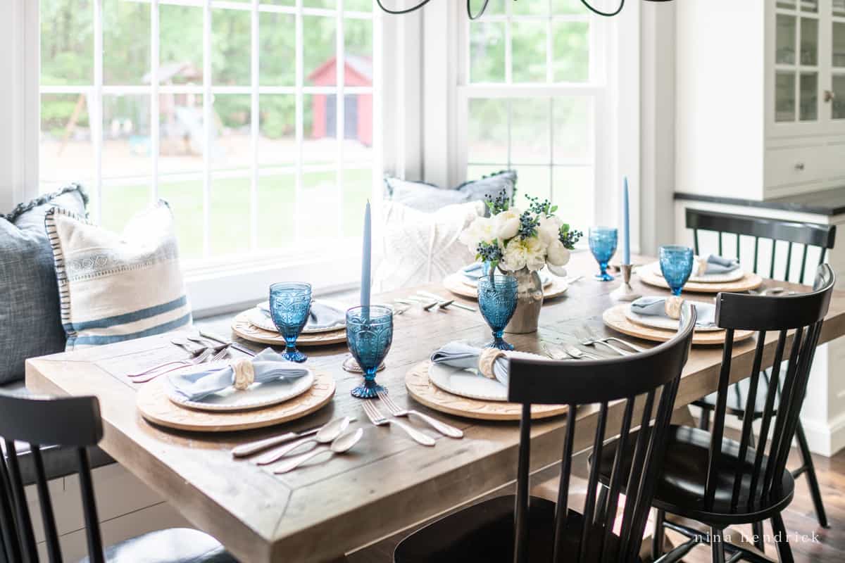 Indoor summer tablescape with blue accents