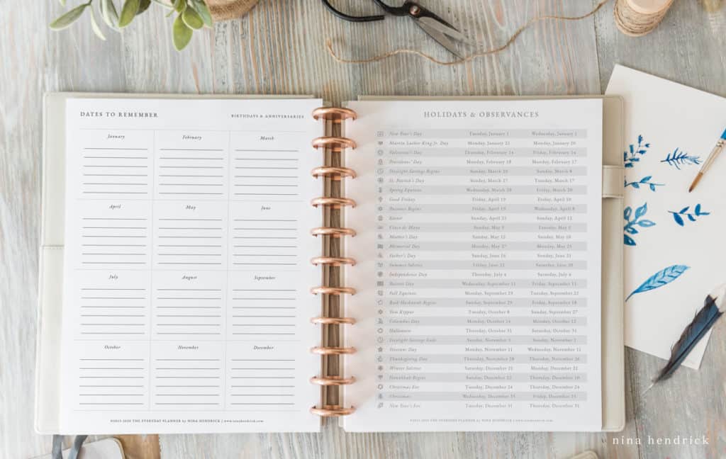 Printable the Everyday Planner with an important dates and holidays page.