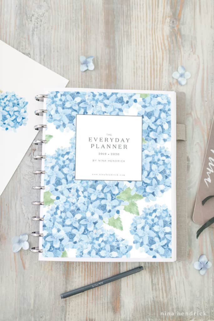 Printable Planner with hydrangea watercolor cover.
