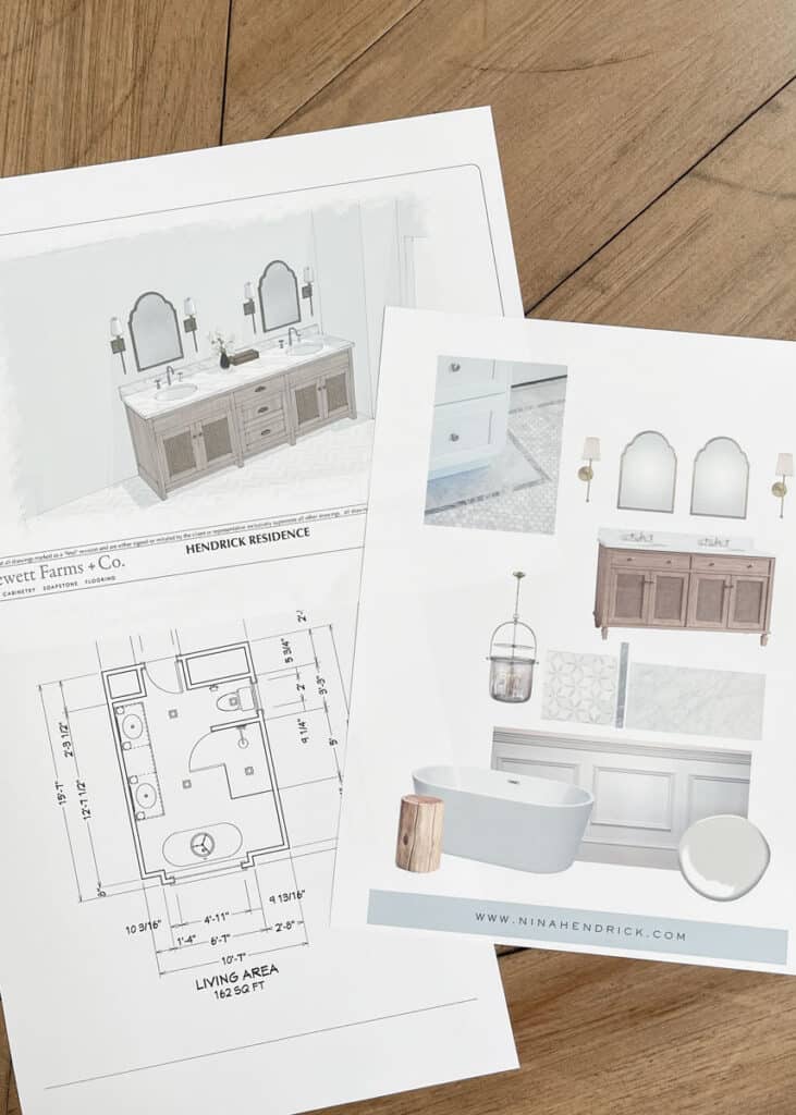 Timeless bathroom remodel plans with a floor plan and mood board