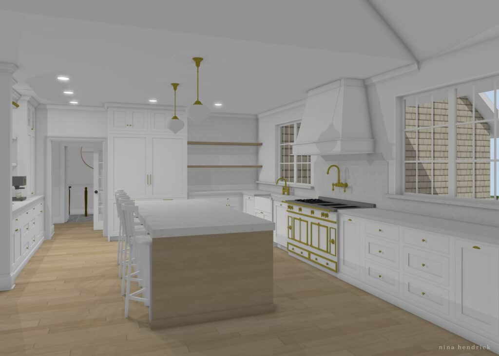 Rendering of a timeless kitchen design with a wood island