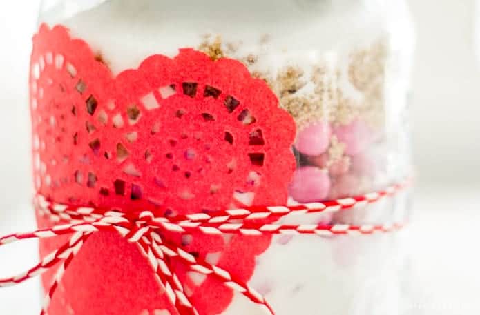 Jar with cookie mix and heart doily